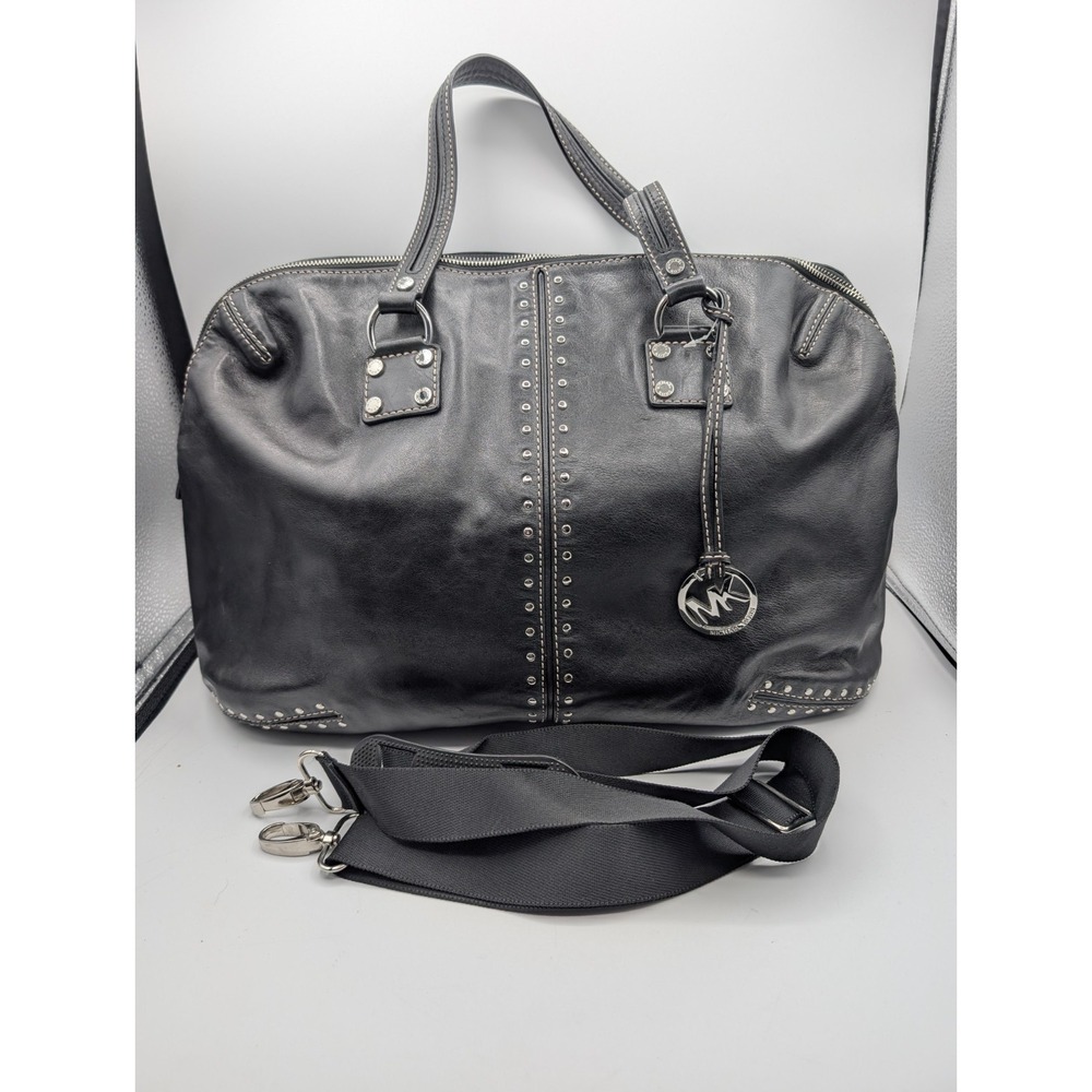 Michael Kors Astor Large Black Leather Studded Satchel Bag Weekender 18x11x7 NWO